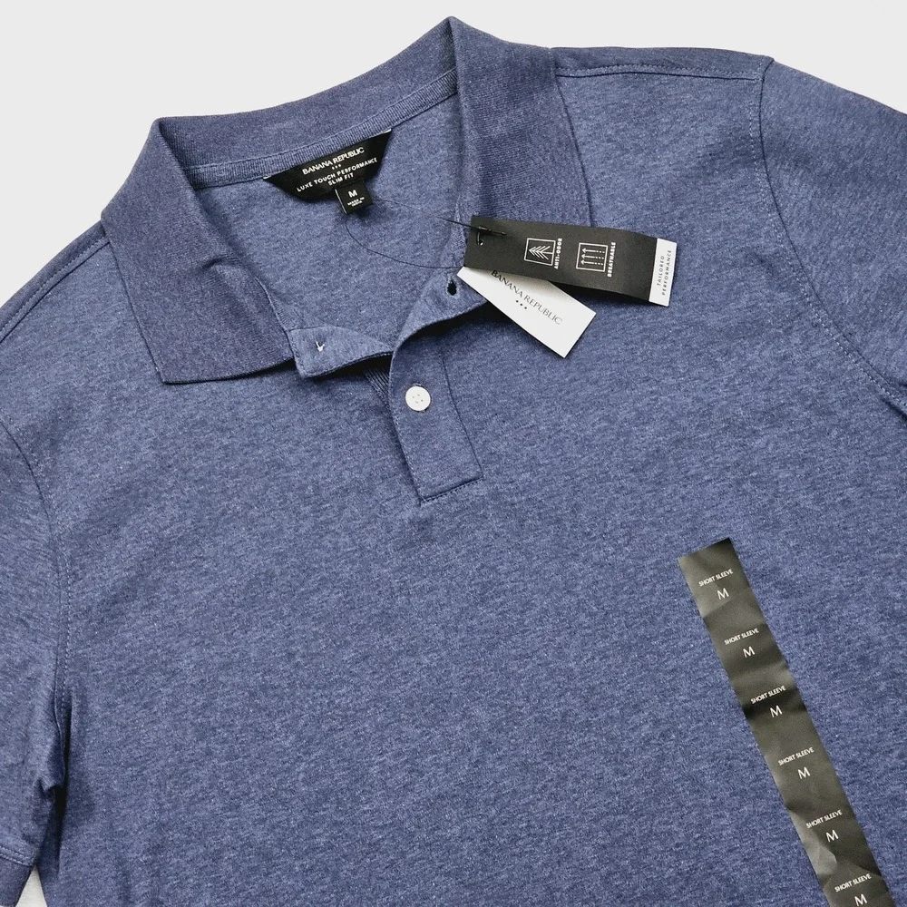 NEW Banana Republic Polo Shirt Mens M Blue Heather Luxe Performance Slim Fit